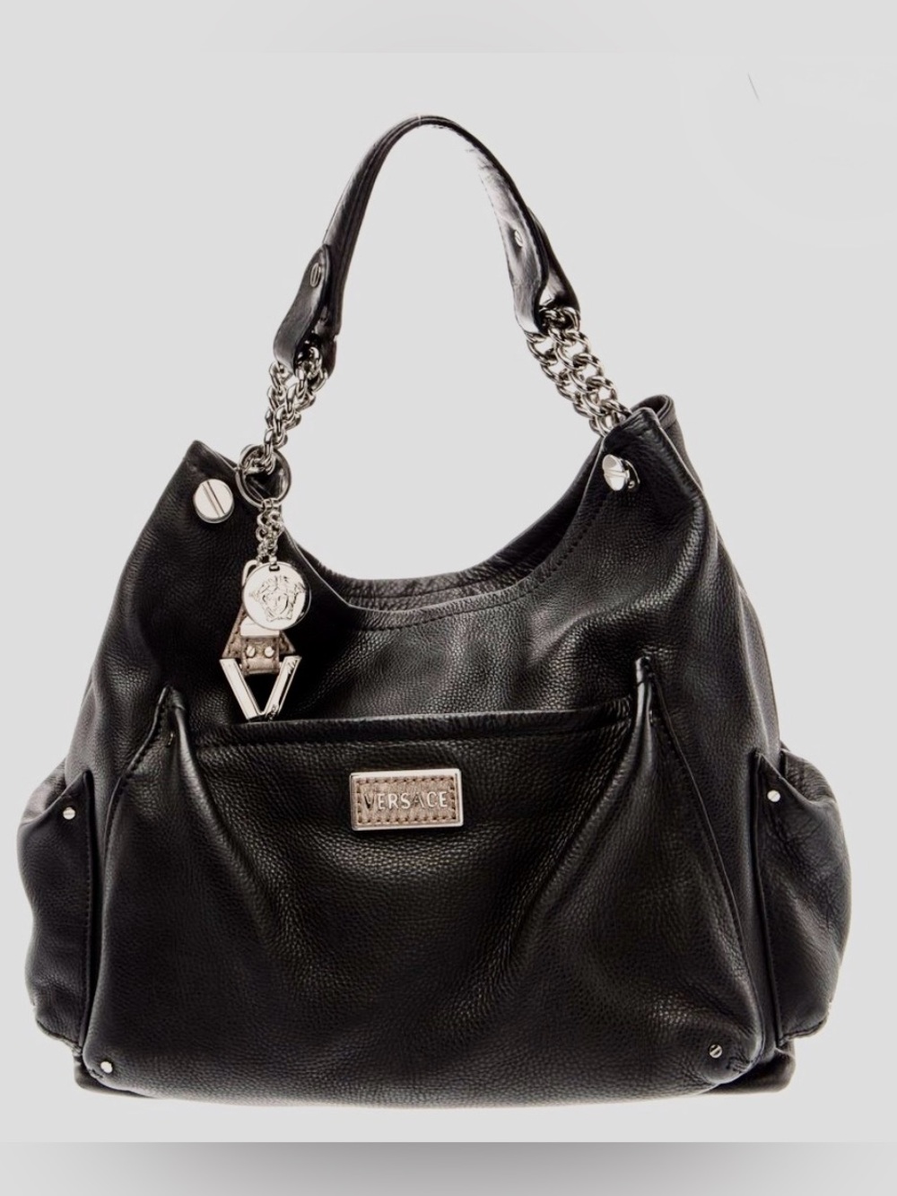 Versace Black Leather Shoulder Bag with Silver Accents